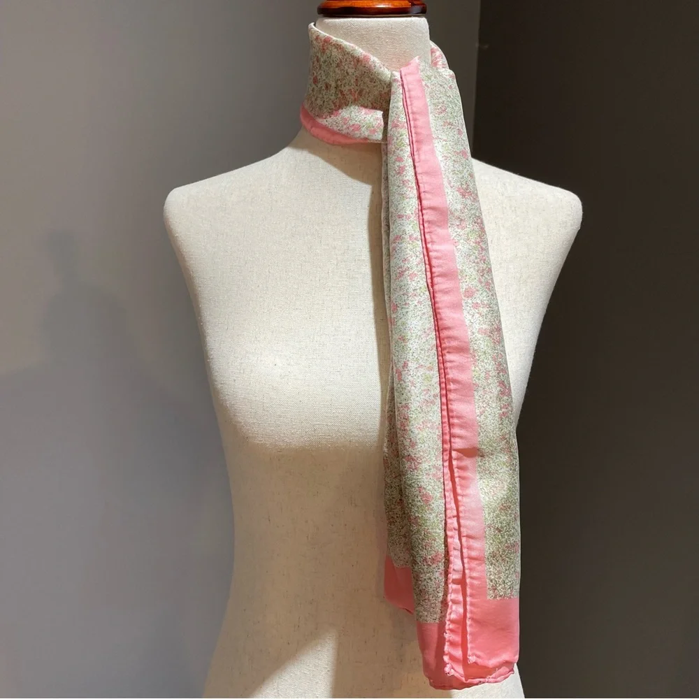 Echo 100% Silk Scarf 15x46 Rectangular Pink Cream Green Dainty and Feminine